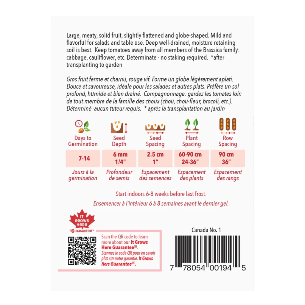 The backside of a McKenzie Canada seed packet. For beefsteak tomatoes. All of the seed packet information to grow Beefsteak Tomatoes.