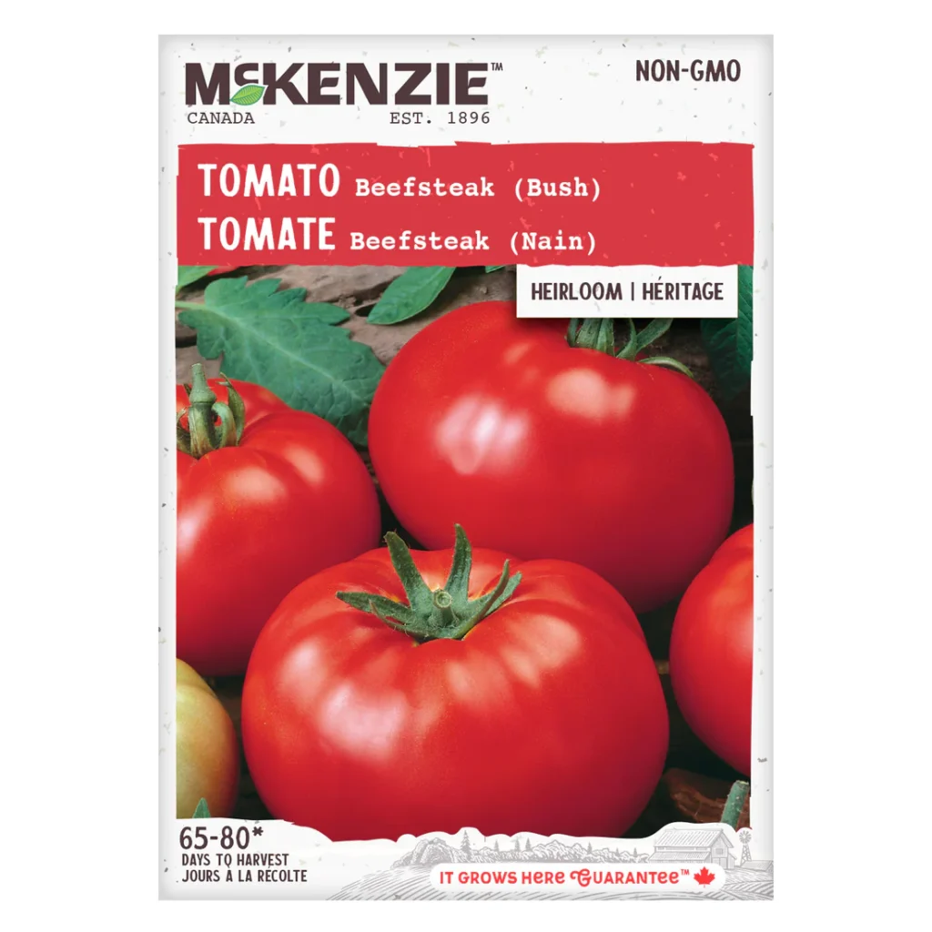 The front size of a McKenzie Canada seed packet for Beefsteak tomatoes. Heirloom. Bush variety,