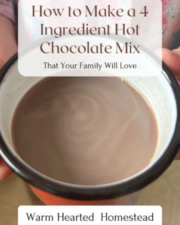 how to make a 4 ingredient hot chocolate mix banner. with a child holding of hot cup of homemade hot chocolate,