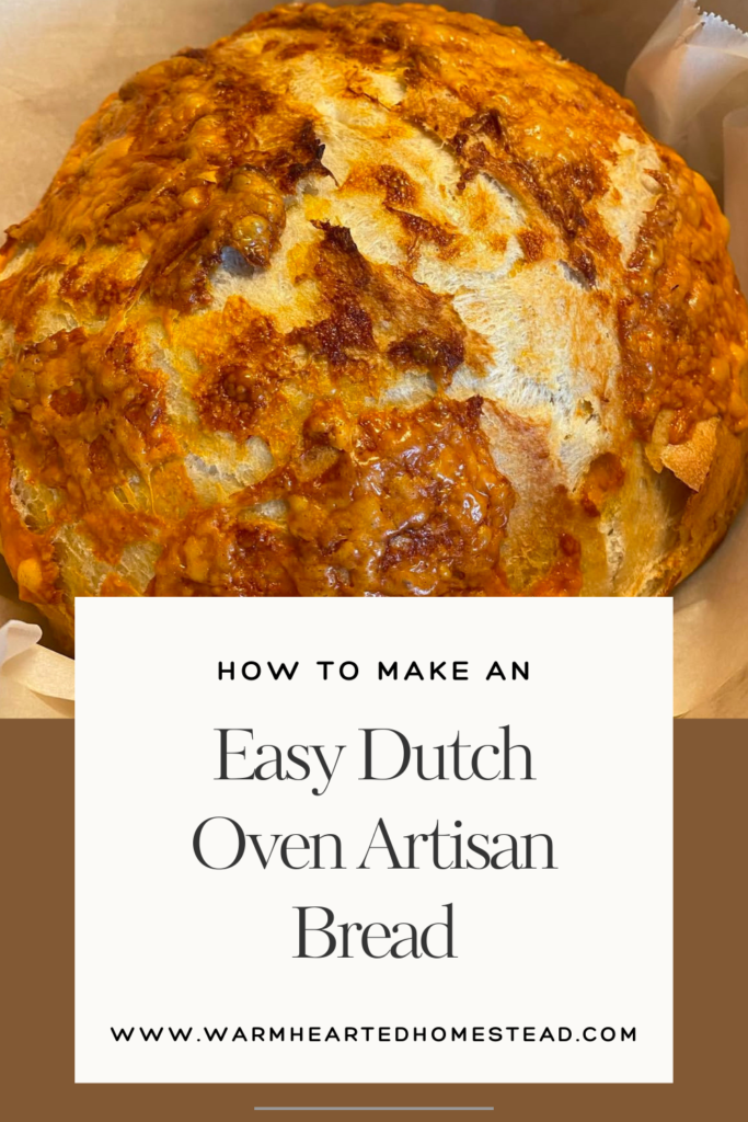 How to make an easy Dutch oven artisan bread banner with a fresh baked, crusty Artisan loaf in the background