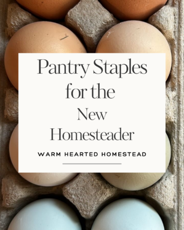 Pantry Staples for the new homesteader banner. A carton of colorful eggs in the back ground. Warm Hearted Homestead.